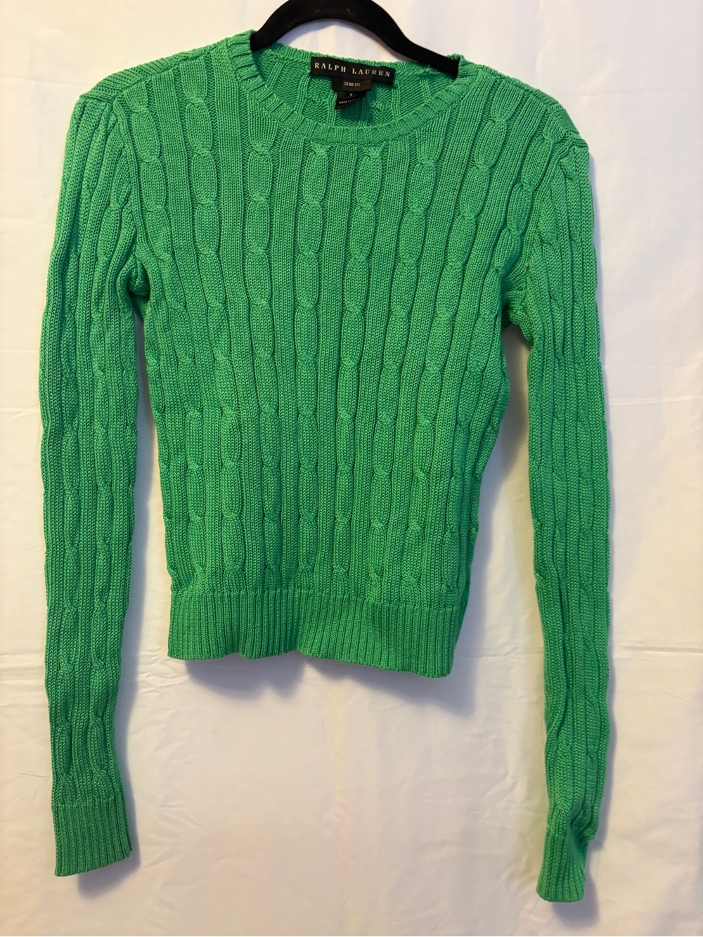 Ralph Lauren Bright Green Cable-Knit Scoop Neck Sweater